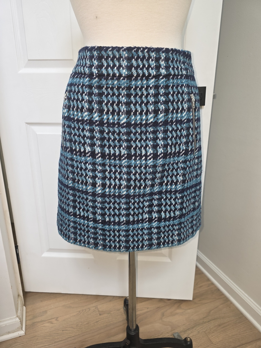 LOFT Navy and Teal Plaid Tweed Mini Skirt